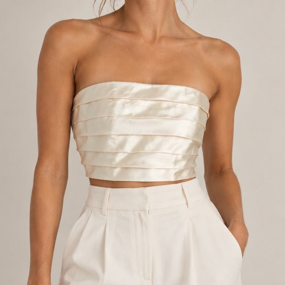 Kay Unger Ivory 100% Silk Strapless Pleated Corset Bustier Top Size 14 Vintage